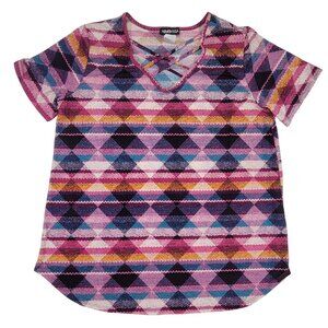 Hemish USA Top Geometric Pattern Short Sleeve Shirt Womens Size L New